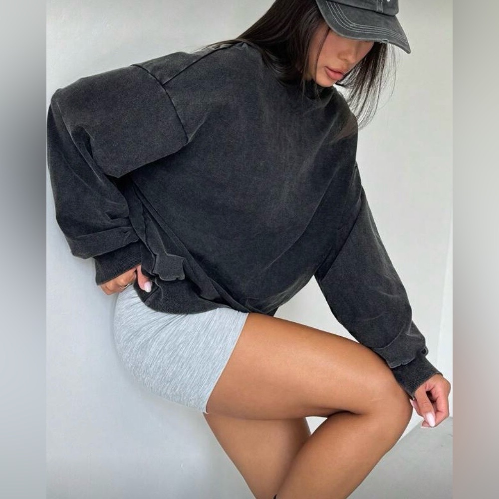 Black Acid Wash Long-Sleeve Sweatshirt | S | Cotton | NWT | Oversized